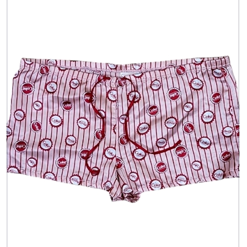 Coca Cola Striped Coke Print Sleep Shorts Cinch Waist Size Small